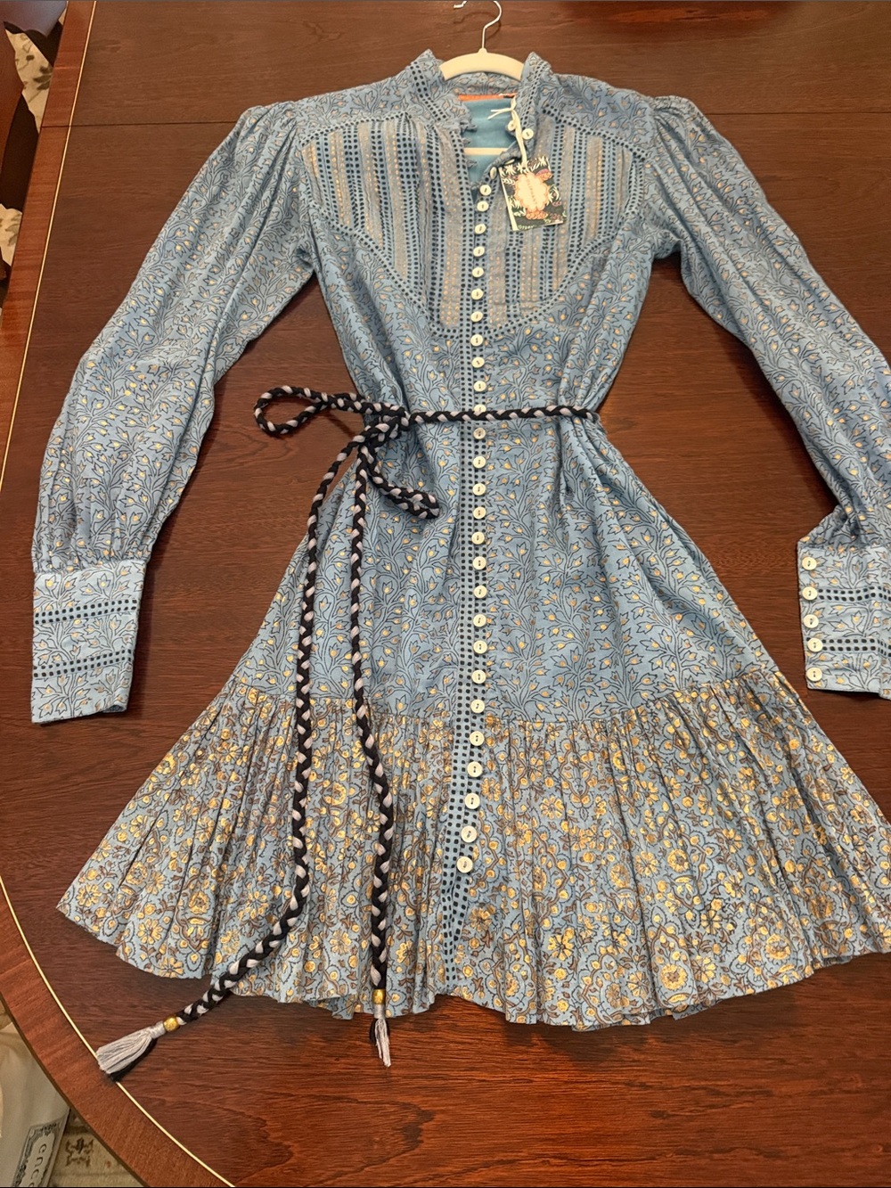 Oliphant High Neck Light Blue/Gold Mini Dress with Button-Front and Braided Belt